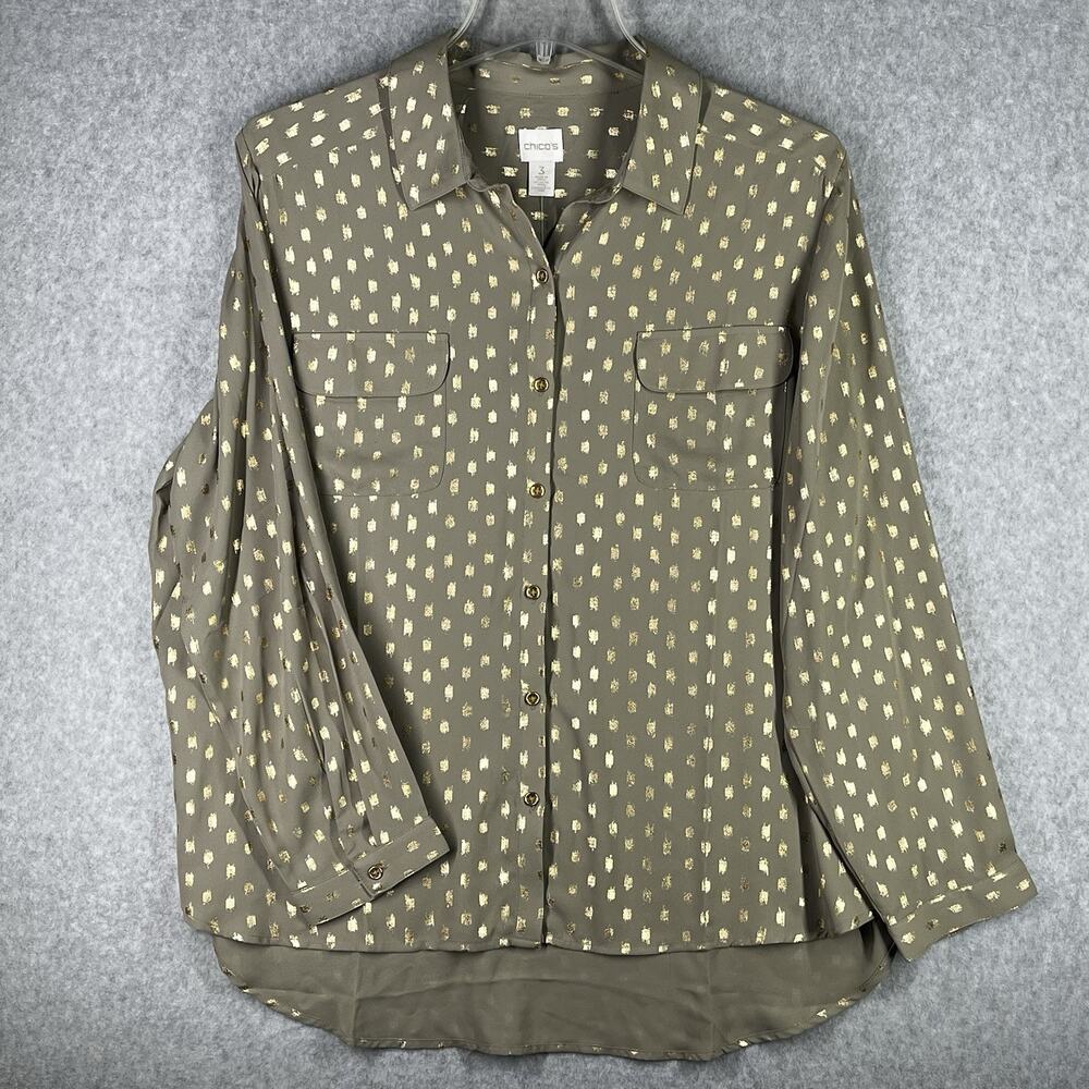 Chico’s Nicole Blouse Womens 3 XL Khaki Gold Foil Button Down Tunic NWT